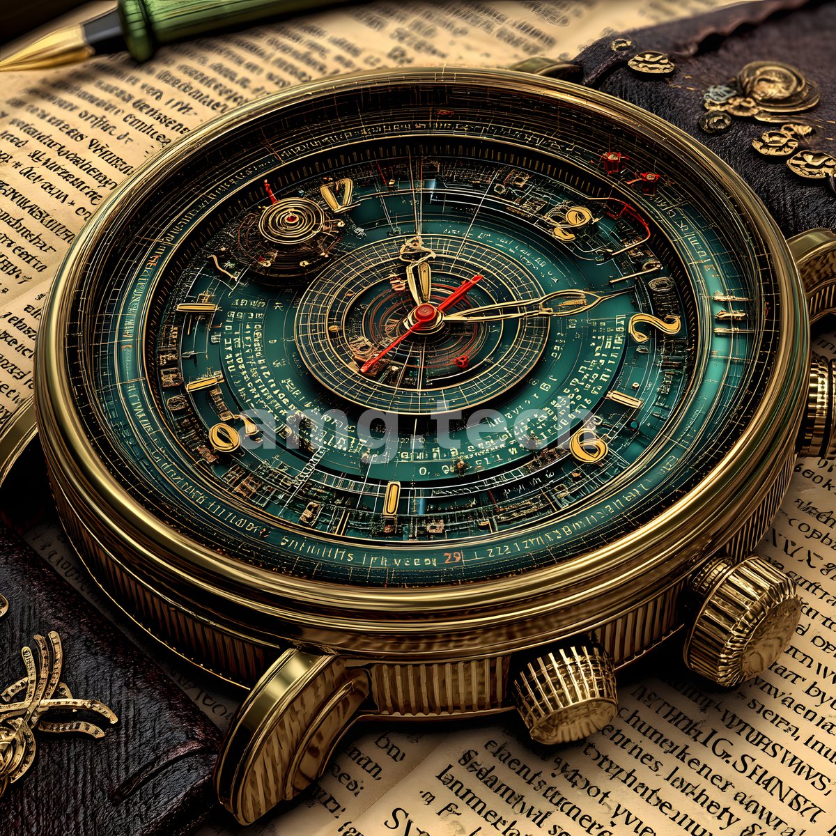 A verdigris astronomical dial layered with concentric scales and slender gold hands sits upon aged pages, evoking the navigator's instruments of another age.