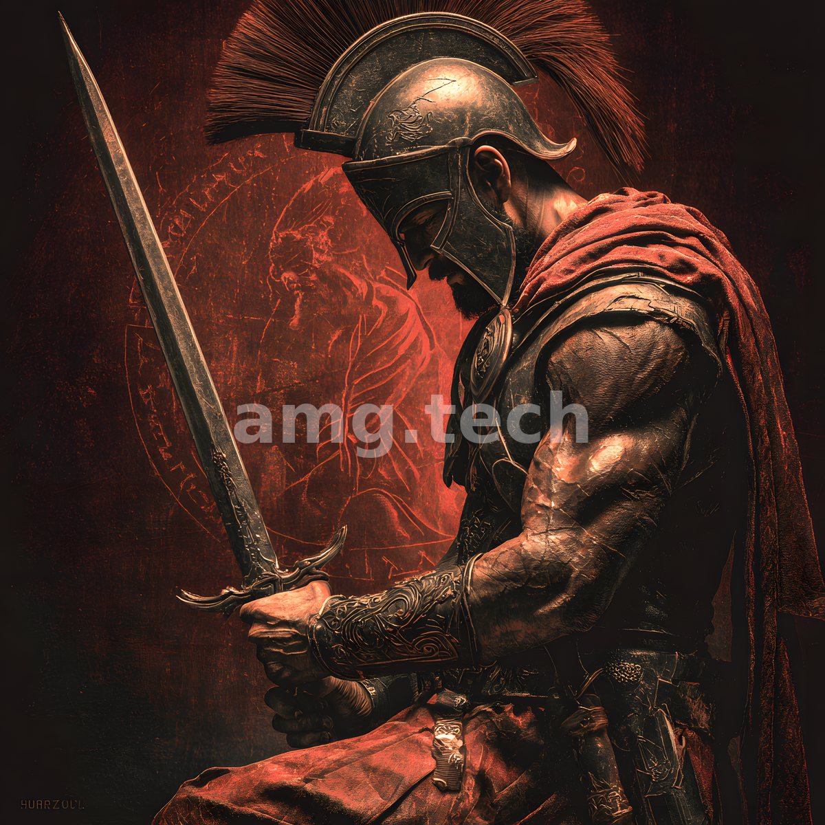 A crested warrior in weathered armour bows his head over an ornate blade, silhouetted against a blood-red seal in brooding chiaroscuro.