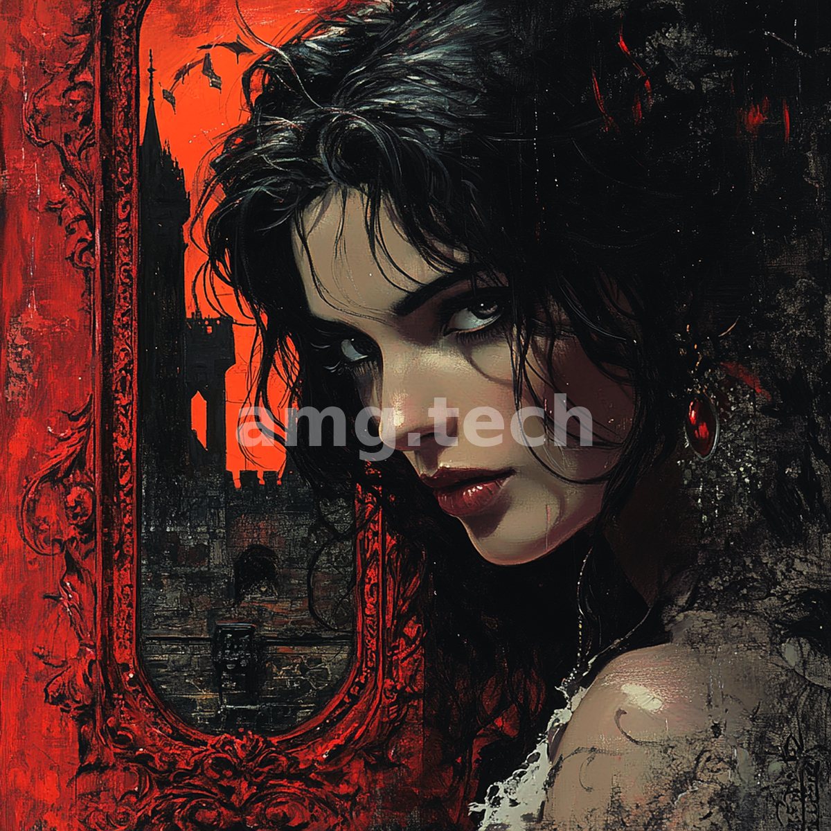 A dark-haired beauty gazes from within an ornate scarlet frame, a shadowed spired skyline glowing behind her.