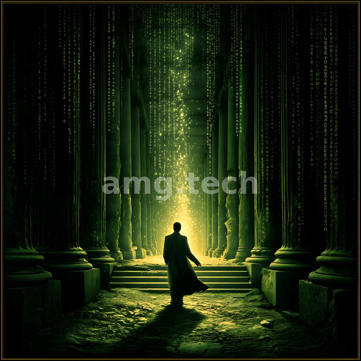 A solitary figure ascends toward radiant light between towering columns as cascading green glyphs fall like rain through the darkness.