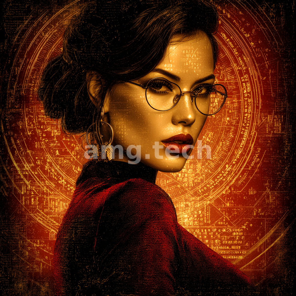 A poised woman in spectacles and crimson turns her gaze outward, framed by glowing concentric ciphers in molten gold and rust.