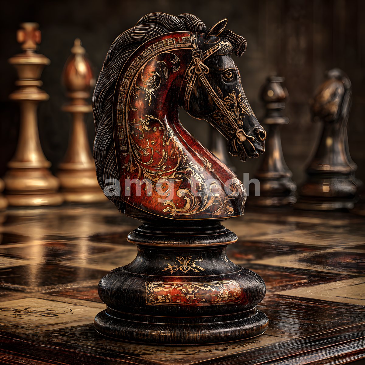 A lacquered chess knight of deep crimson and gilt filigree commands the board, its arched neck and flowing mane rendered in regal detail.