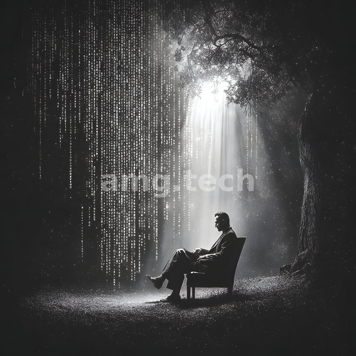 A seated man contemplates a shaft of light beneath a shadowed tree as luminous streams of data descend through the monochrome dark.