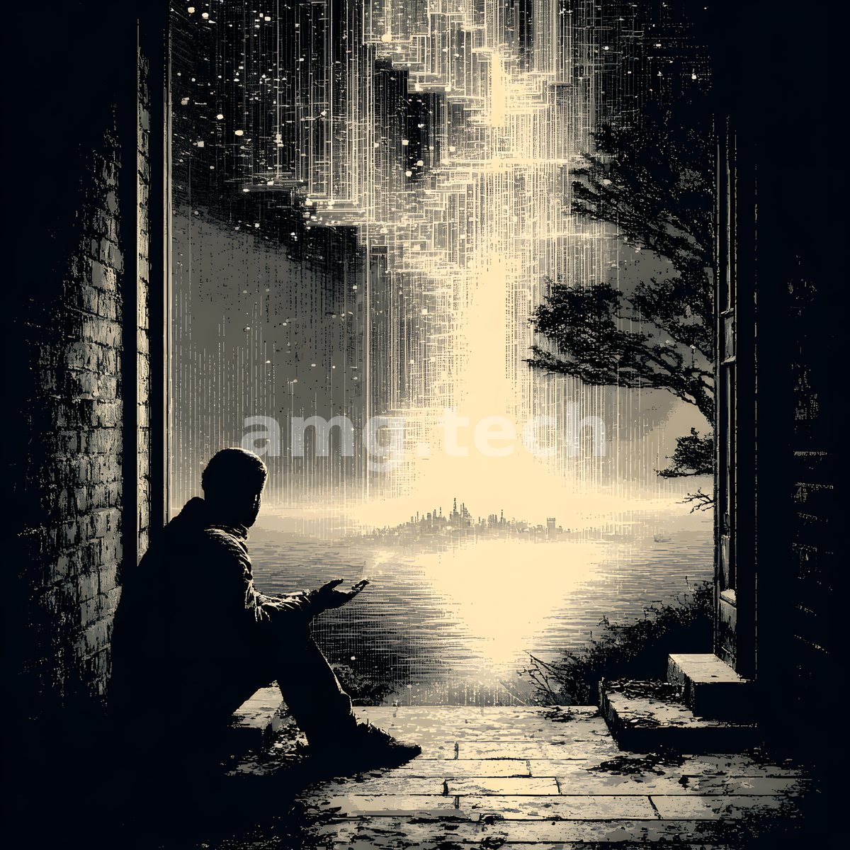 A lone figure sits in a doorway of stone, gazing across luminous water toward a far skyline beneath falling threads of light.