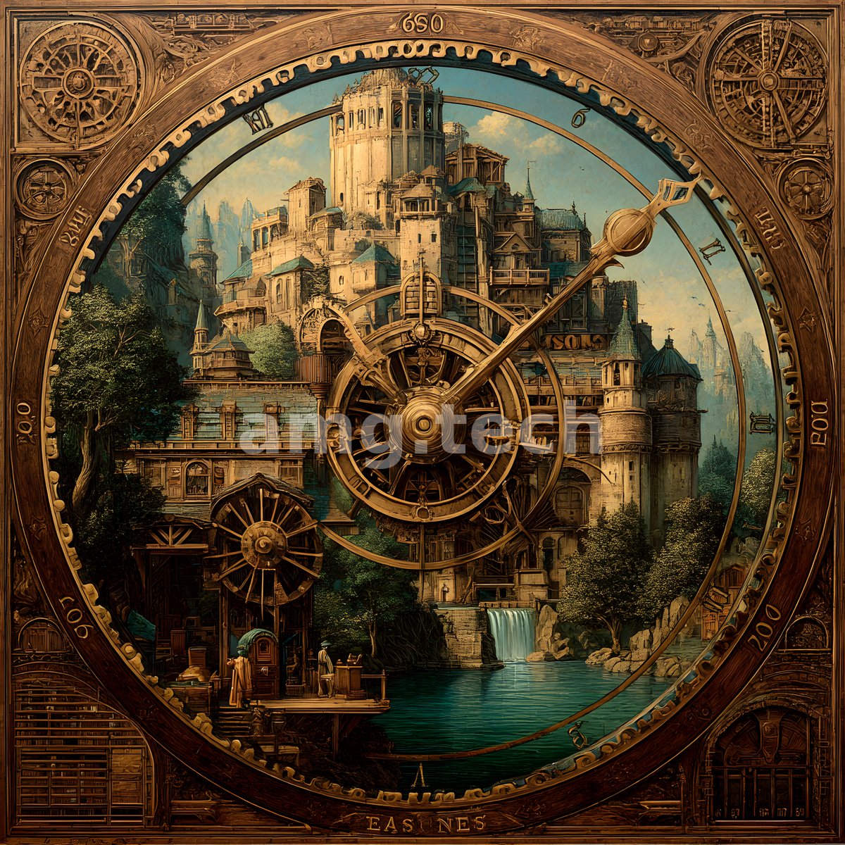 A fantastical walled city of towers and waterwheels unfolds within an ornate brass astrolabe, its gears and dials framing an imagined realm.