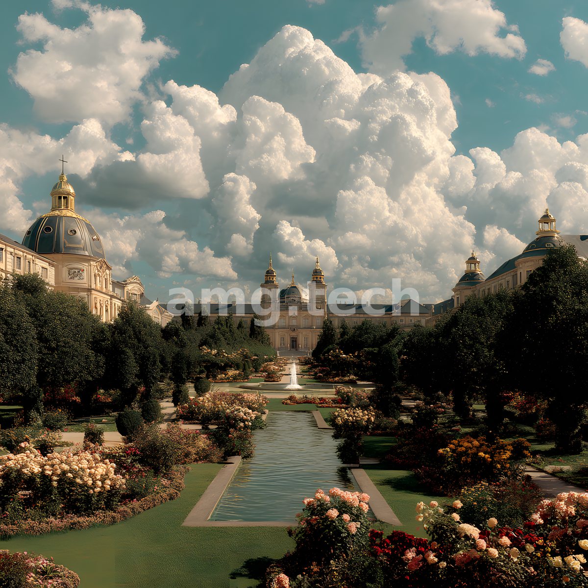 Formal parterres and a mirror canal lead the eye toward domed baroque pavilions beneath a sky of towering summer cloud.