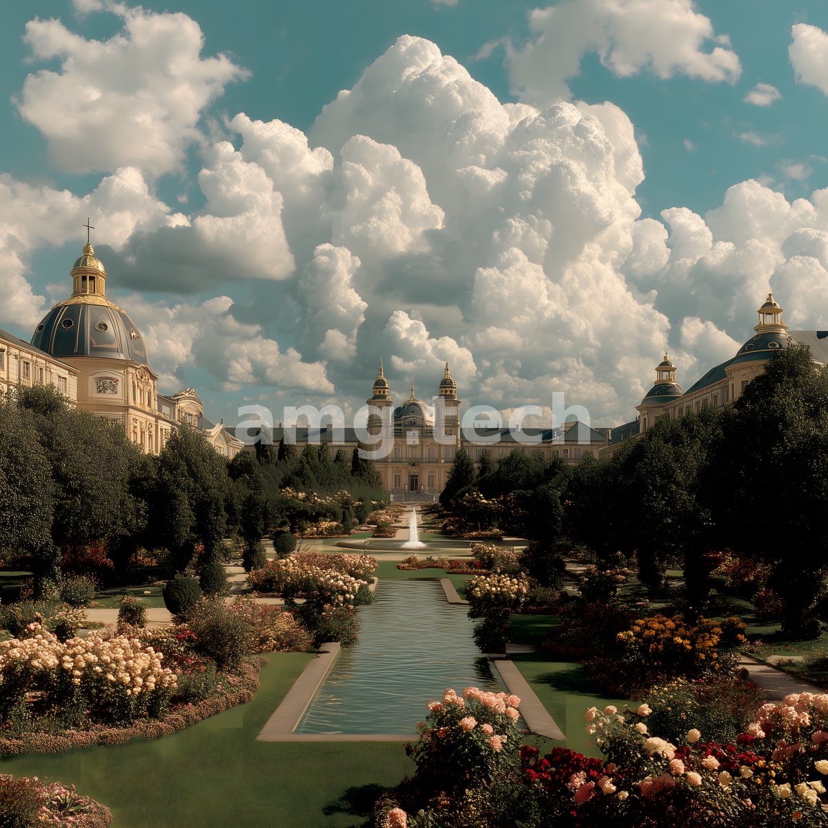 Blossoming beds and a still reflecting channel draw the gaze to a gilded palace crowned by billowing clouds.