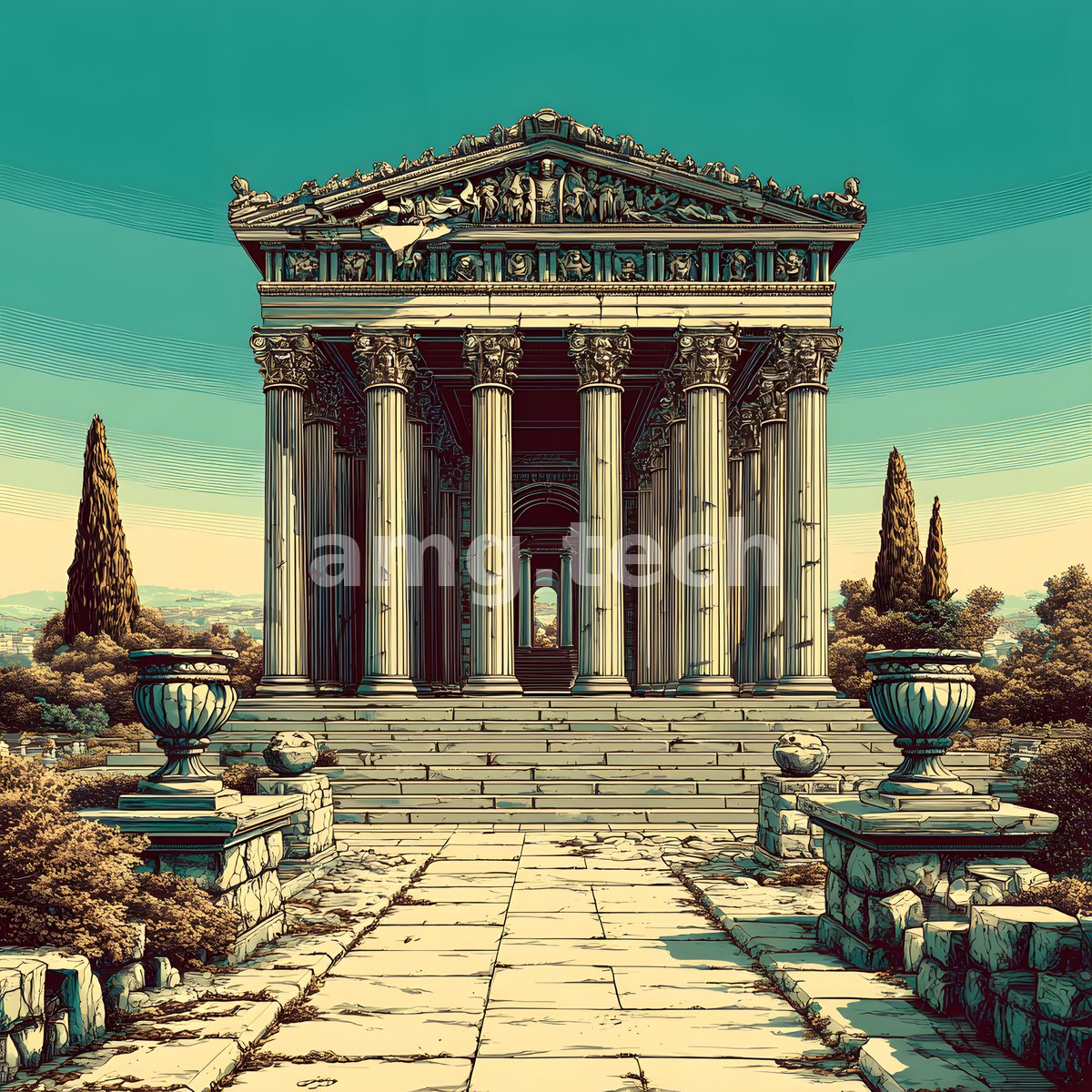 A stately Corinthian temple crowns a flight of worn stone steps, flanked by cypress and great carved urns beneath a turquoise sky.