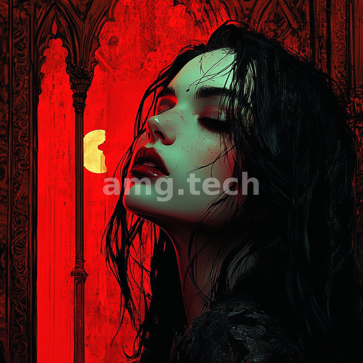 Bathed in blood-red light beneath a Gothic arch, a woman leans back with eyes closed in rapt, dreamlike surrender.
