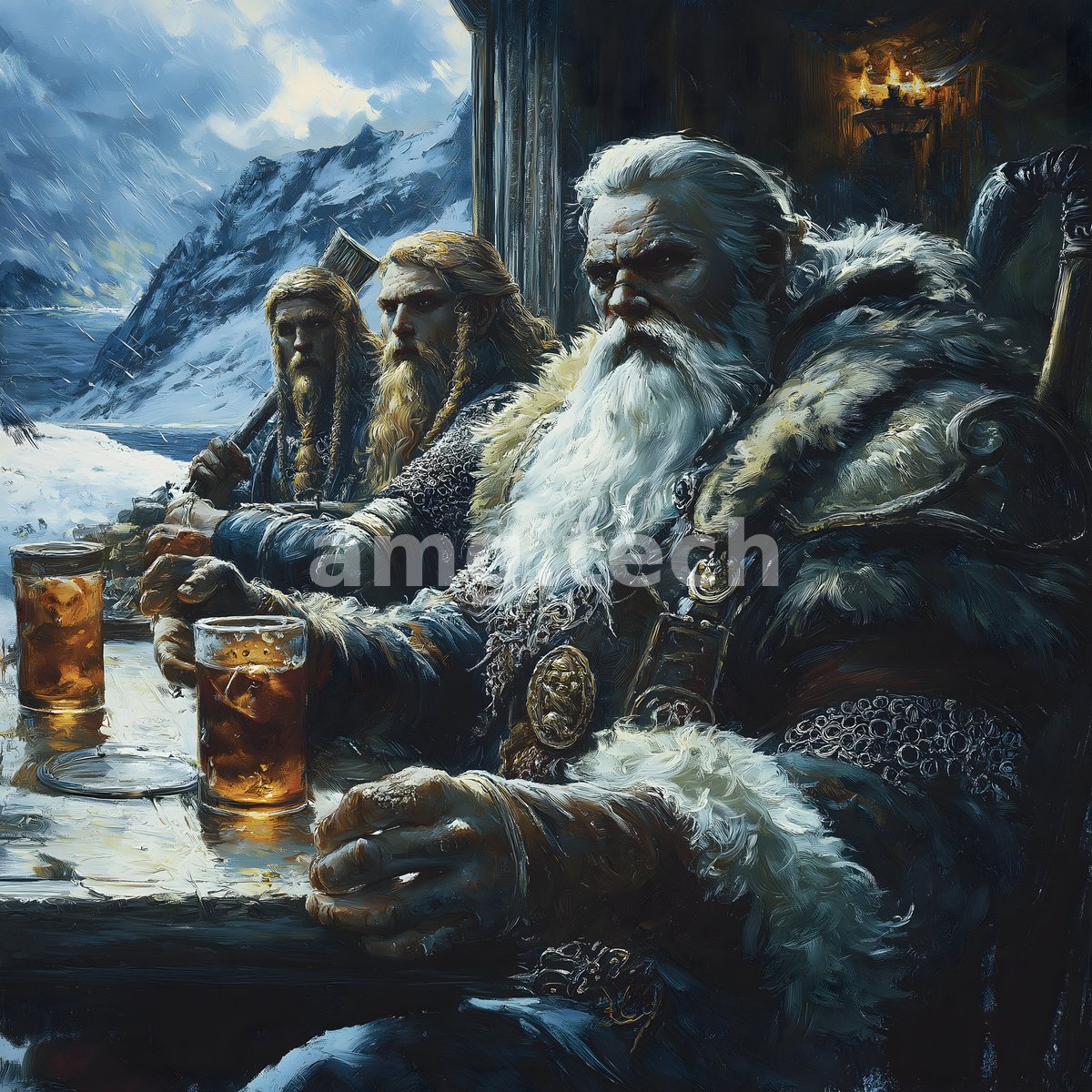 Three grizzled Norse fighters share tankards of amber ale before a snowbound mountain lake, painted in brooding romantic light.