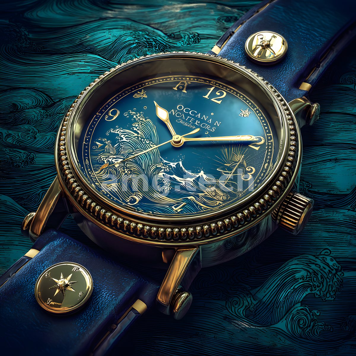 A nautical timepiece with a cobalt dial of cresting waves and golden hands, resting upon lacquered turquoise woodgrain.