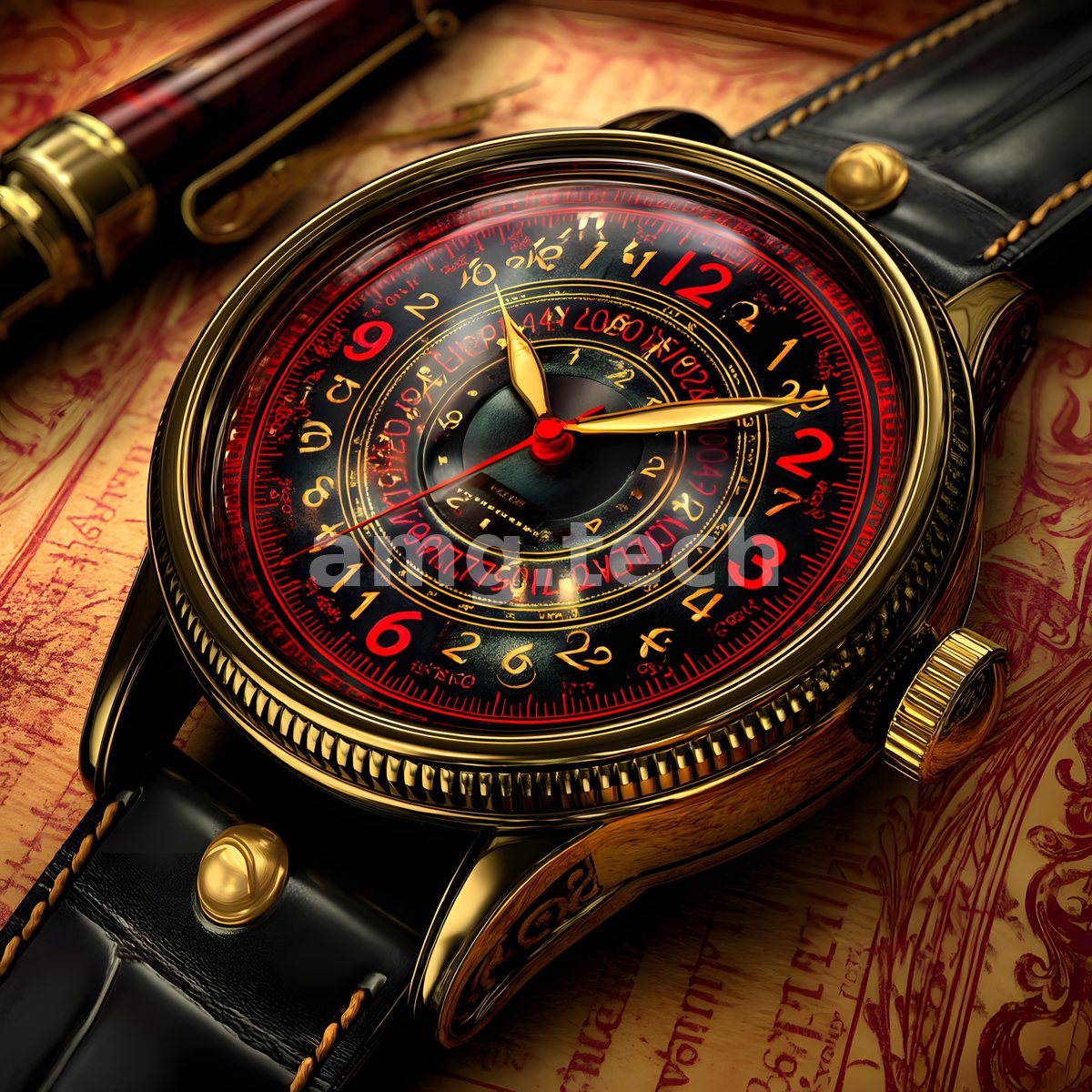 An ornate gilt watch with crimson zodiacal rings and celestial markings rests upon an aged parchment of script and symbols.