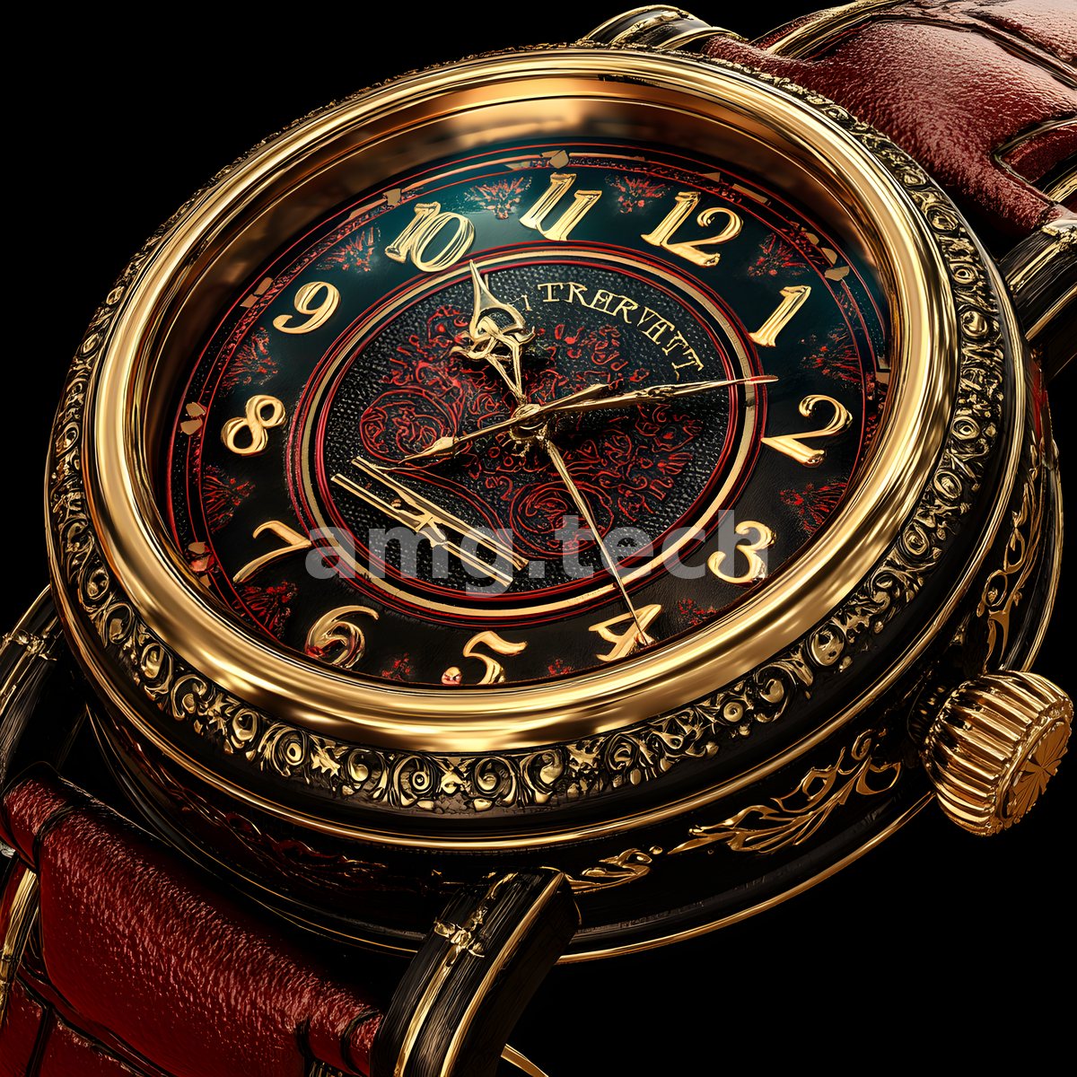 An intricately engraved gold timepiece with a crimson-damask dial and burgundy leather strap, isolated against velvet black.