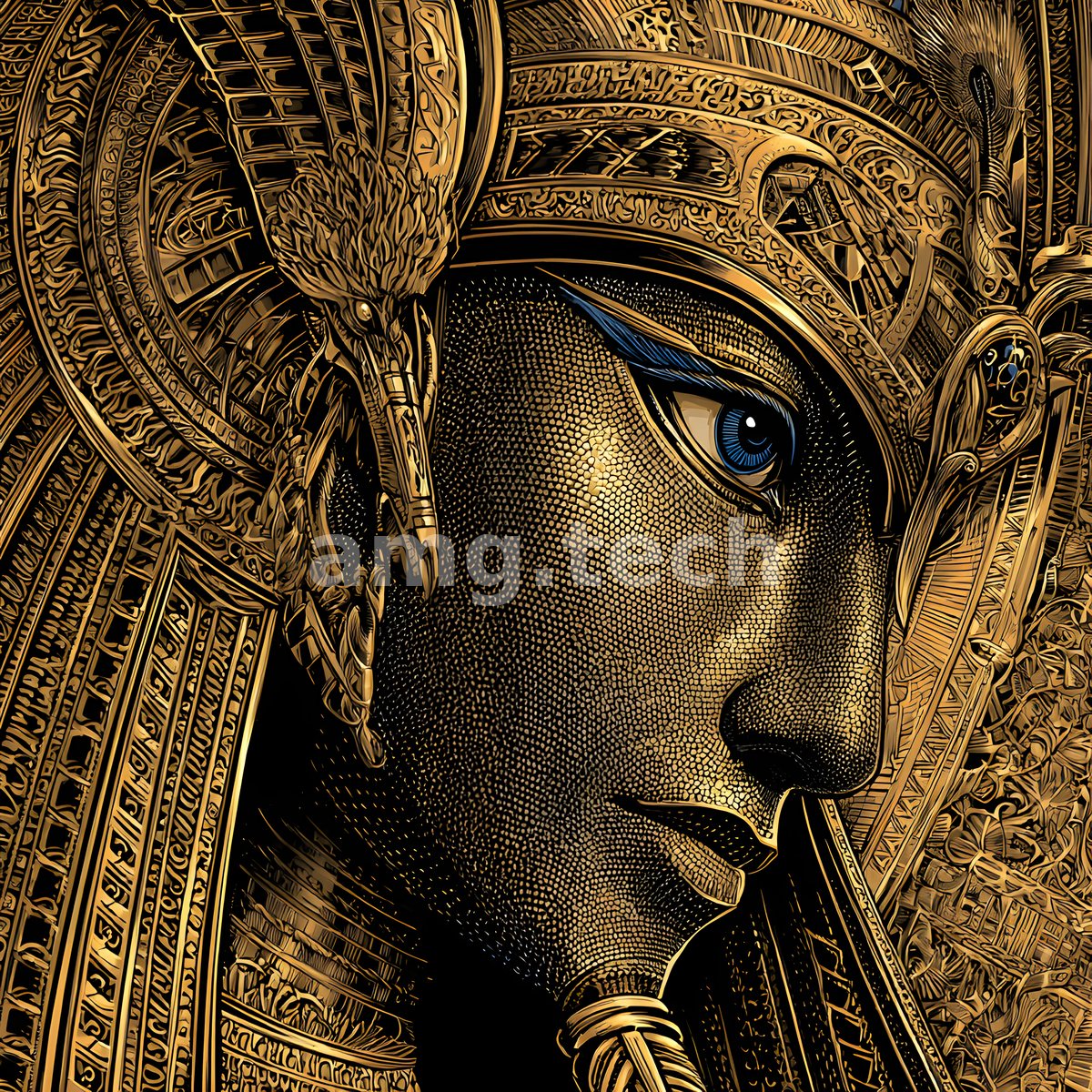 A regal profile wrought entirely in gold filigree and lapis, a single blue eye gazing from an ornate Egyptian headdress.