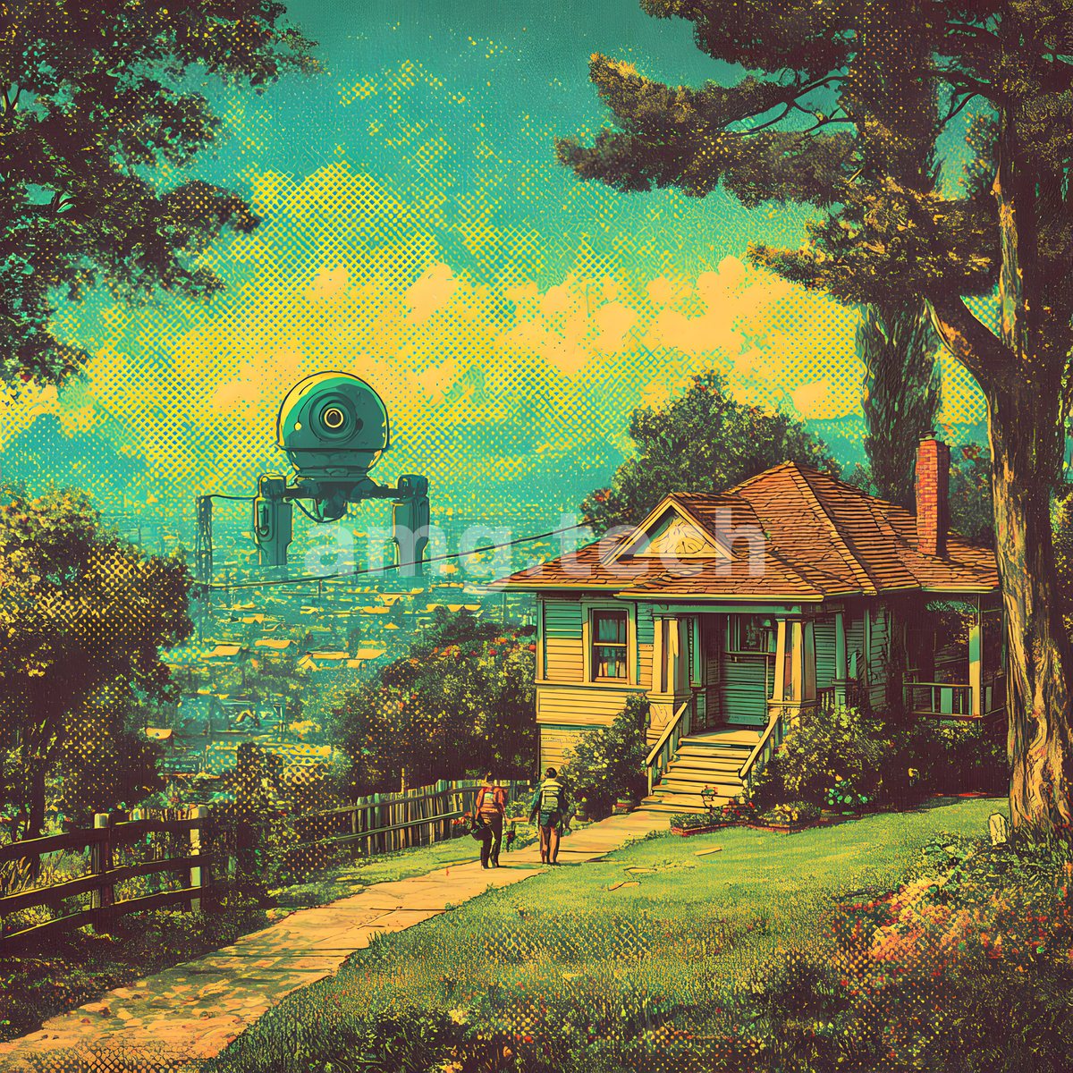 A retro pulp-print scene of two figures strolling toward a clapboard cottage as a towering robot looms over the valley beyond.