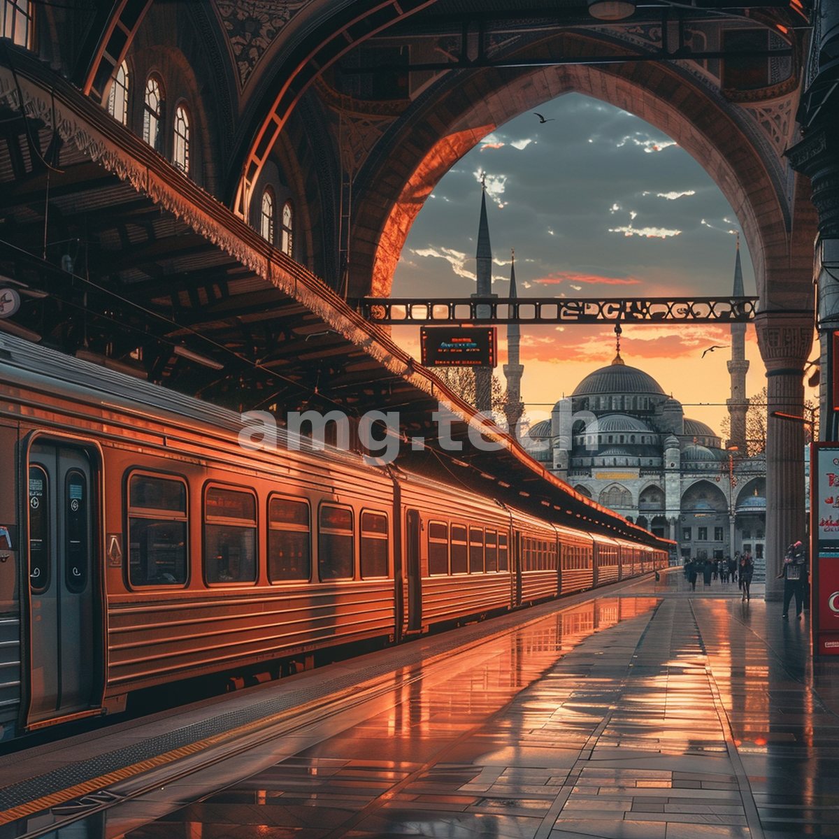 An empty station platform glows beneath vaulted arches as a waiting train mirrors the sunset over a domed and minaretted mosque.