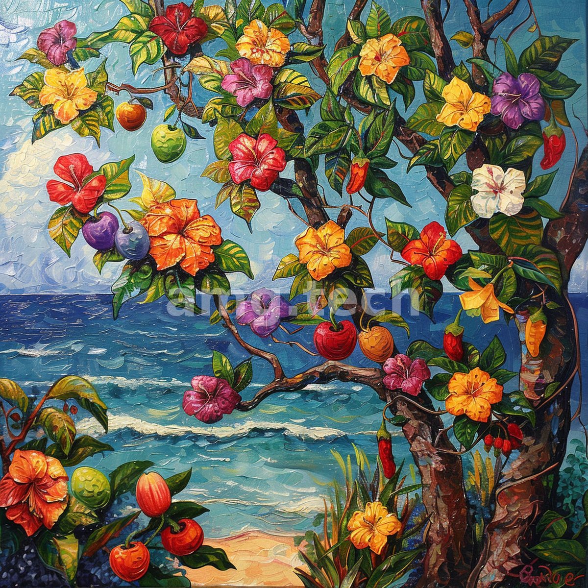 A flowering tree heavy with hibiscus and fruit spills across a vivid seascape of rolling turquoise surf and golden sand.