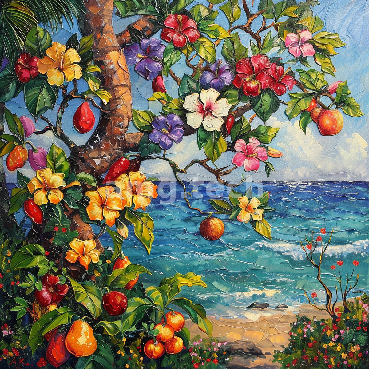 A palm and blossoming boughs laden with tropical flowers and fruit frame a sunlit shoreline and shimmering azure waves.