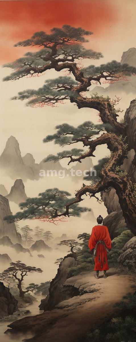 A lone figure in crimson robes ascends a misty mountain trail beneath an ancient pine, painted in the delicate manner of East Asian ink landscapes.