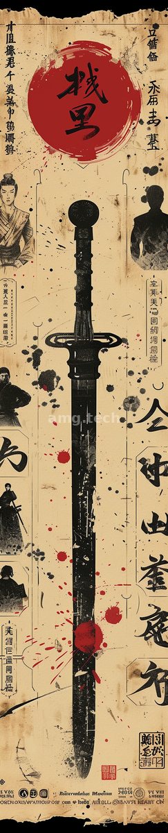 A dark straight sword rises against aged parchment, flanked by shadowed warriors and vermillion seals in the language of martial legend.