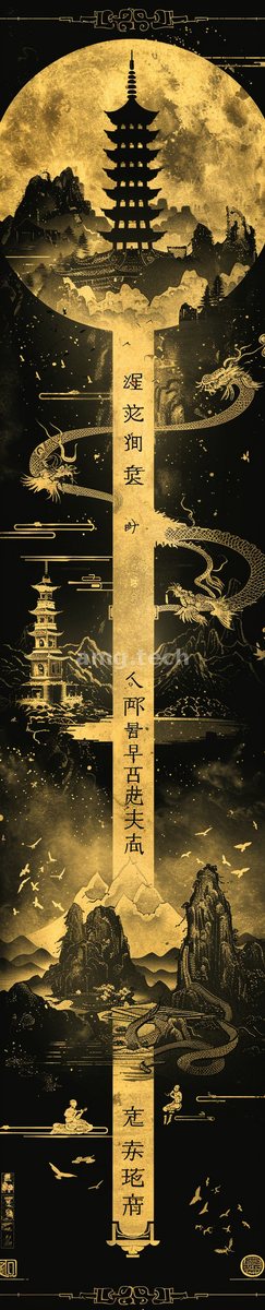 Serpentine dragons coil around pagodas and moonlit peaks in a luminous vertical scroll of gold leaf and deepest black.