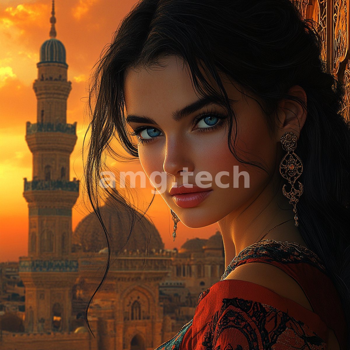 A blue-eyed beauty in embroidered crimson glances back as a golden dusk gilds the domes and minaret of an ancient city.
