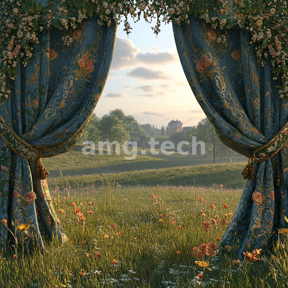 Rose-embroidered drapes of pale blue part to reveal a wildflower meadow glowing in the tender light of a distant manor at dusk.