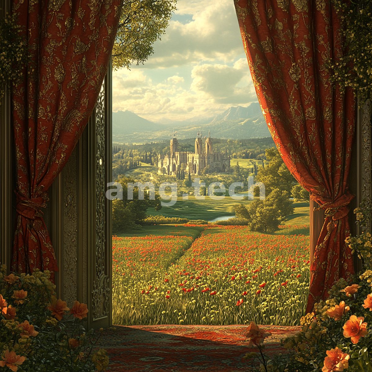 Crimson brocade curtains frame a sunlit valley where a Gothic castle presides over rolling poppy fields and gentle mountains.