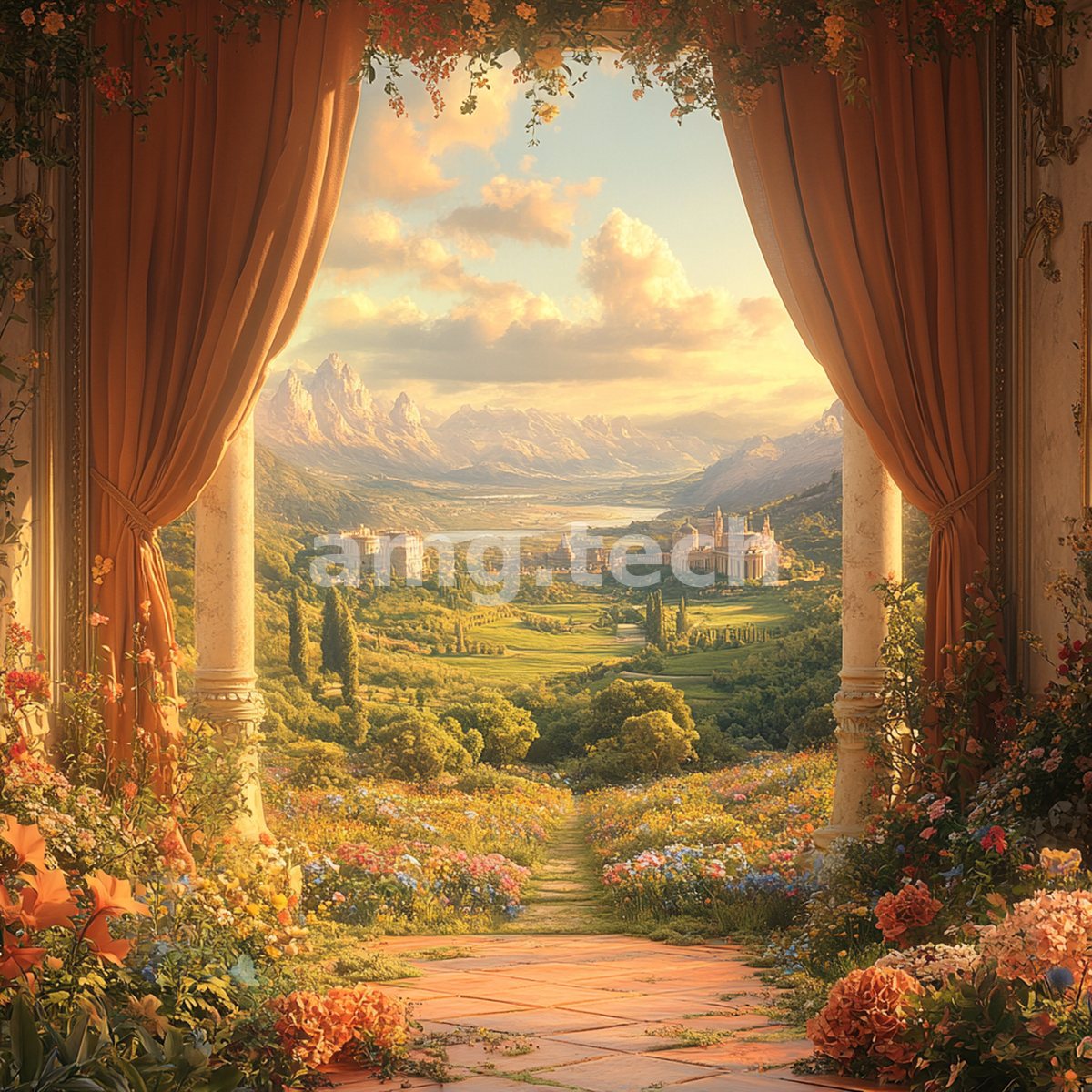 Amber drapery and flowering columns open onto a radiant paradise of gardens, distant spires, and snow-crowned peaks bathed in evening gold.