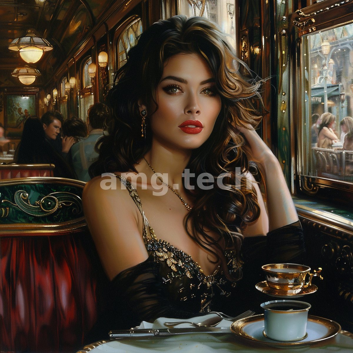 A dark-haired beauty in evening dress reclines beside her coffee in a gilded parlour, rendered with the lustre of romantic realism.