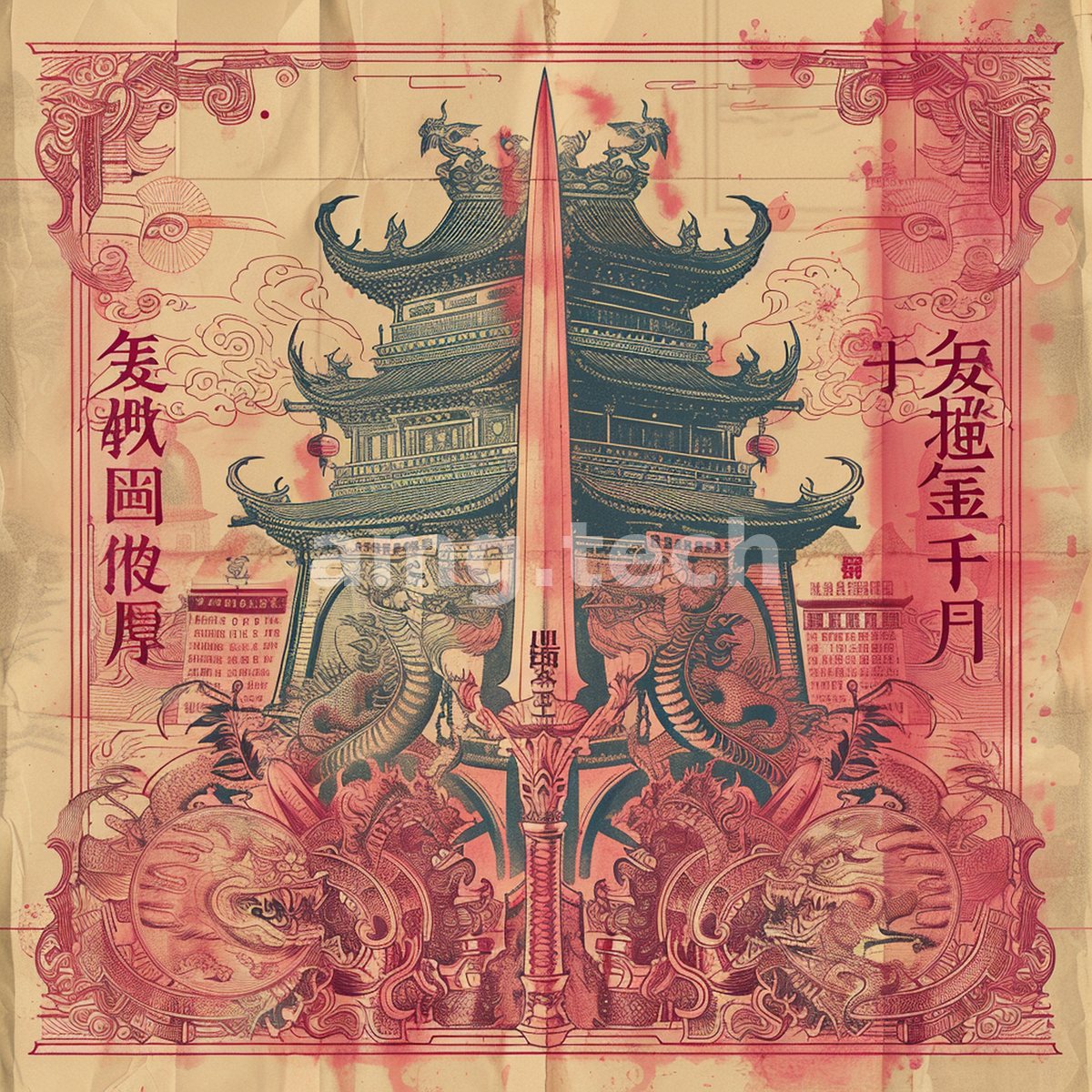 A towering blade pierces a pagoda amid coiling dragons and calligraphy, printed in faded rose and ink upon weathered paper.