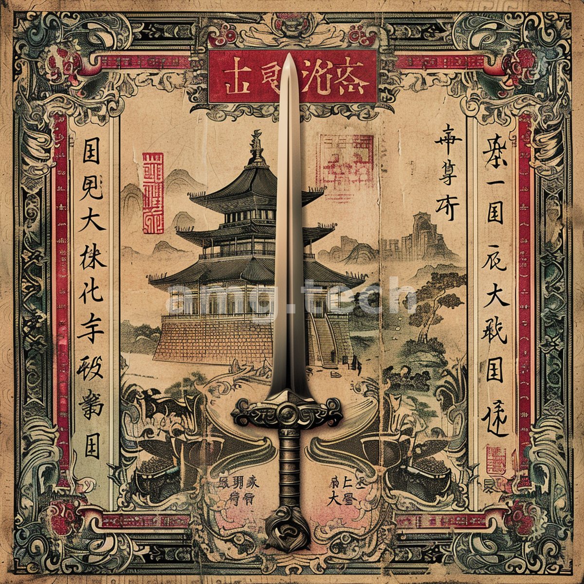 An upright longsword divides a scholarly tableau of temples, mountains, and vertical calligraphy in the manner of an antique folio.