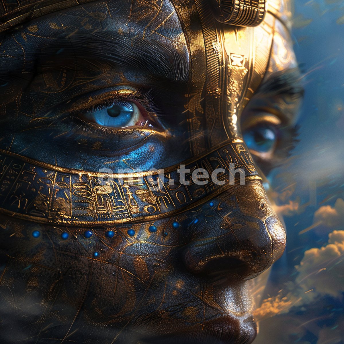 Piercing blue eyes emerge from a face adorned in gold hieroglyphic ornament, a mythic portrait suspended between earth and sky.