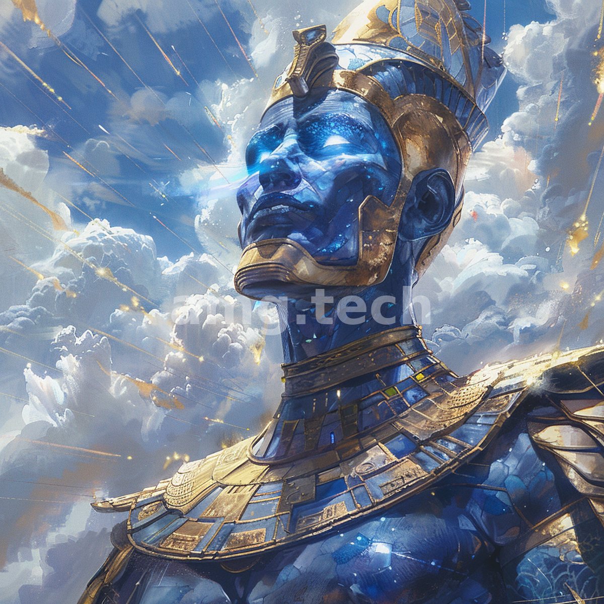 A star-eyed deity in lapis and gold rises against radiant clouds, embodying the ancient divine in luminous, otherworldly majesty.