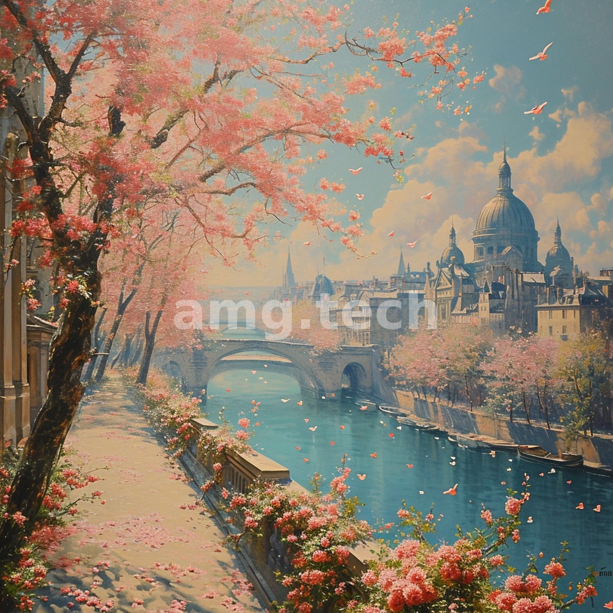 Pink blossoms cascade over a tranquil riverbank as a domed cathedral rises through soft spring haze in this tender cityscape.