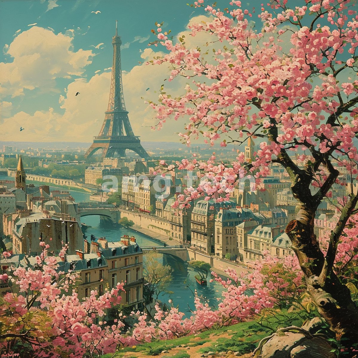 Cherry blossoms frame the Eiffel Tower and the winding Seine in a nostalgic vision of the city awakened by spring.