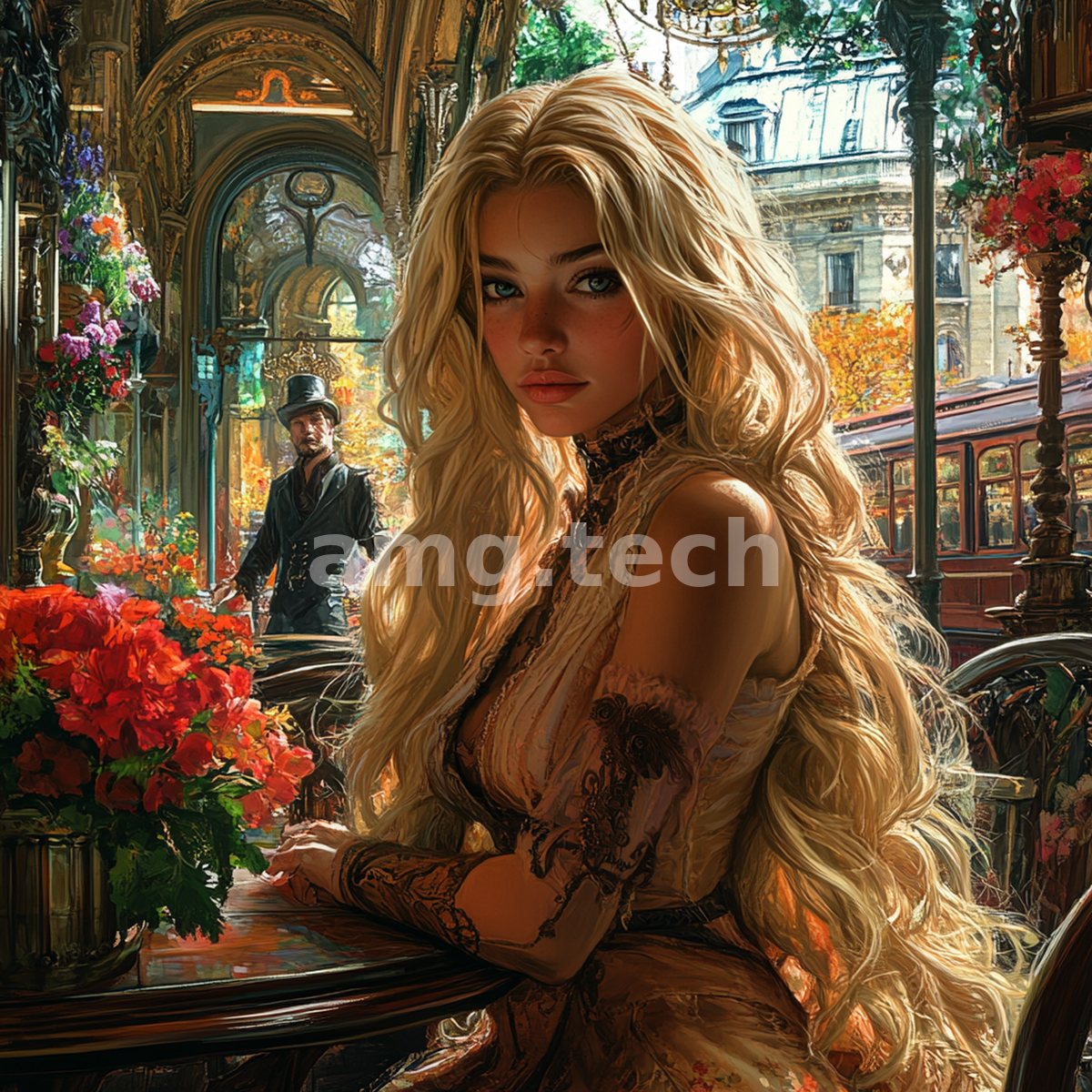 A golden-haired woman in lace pauses at a flower-laden table while a top-hatted gentleman approaches through the gilded arcade.