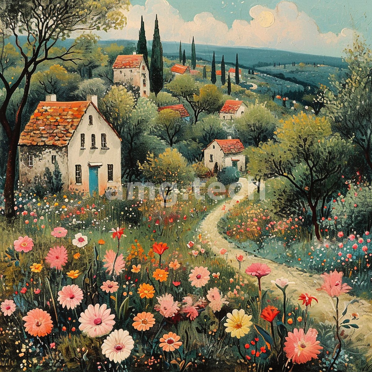 A sun-warmed hillside hamlet nestles above a winding path, its terracotta roofs framed by cypress and a foreground riot of blooming wildflowers.