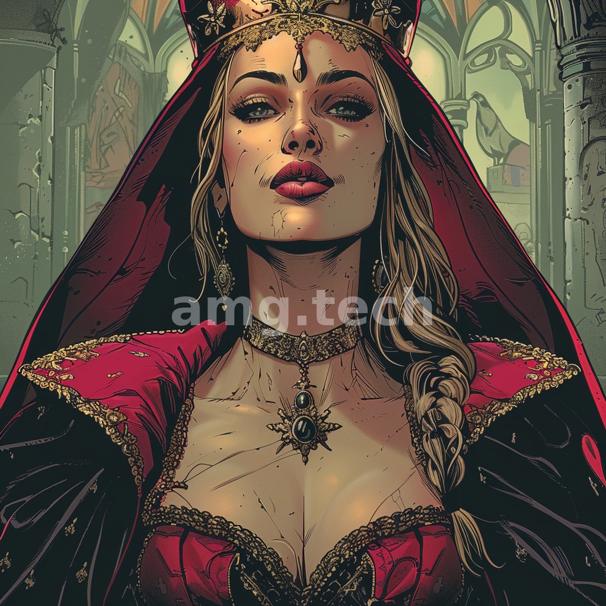 Regal and unflinching beneath a jewelled crown, a crimson-cloaked queen presides within a shadowed cathedral in bold graphic-novel line and colour.