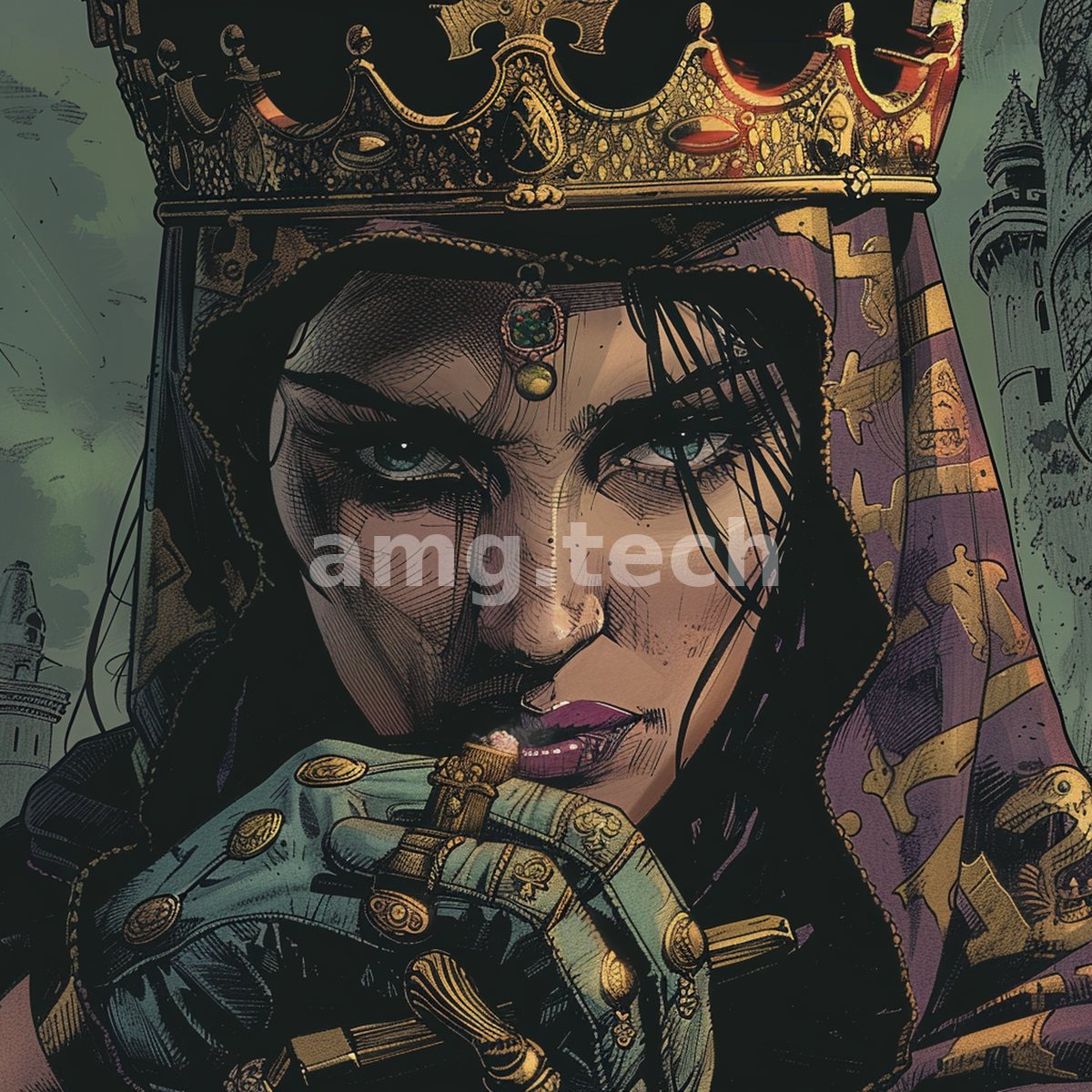 A crowned figure lowers her gaze above a gauntleted blade, hooded in heraldic violet before distant towers rendered in brooding comic-book ink.