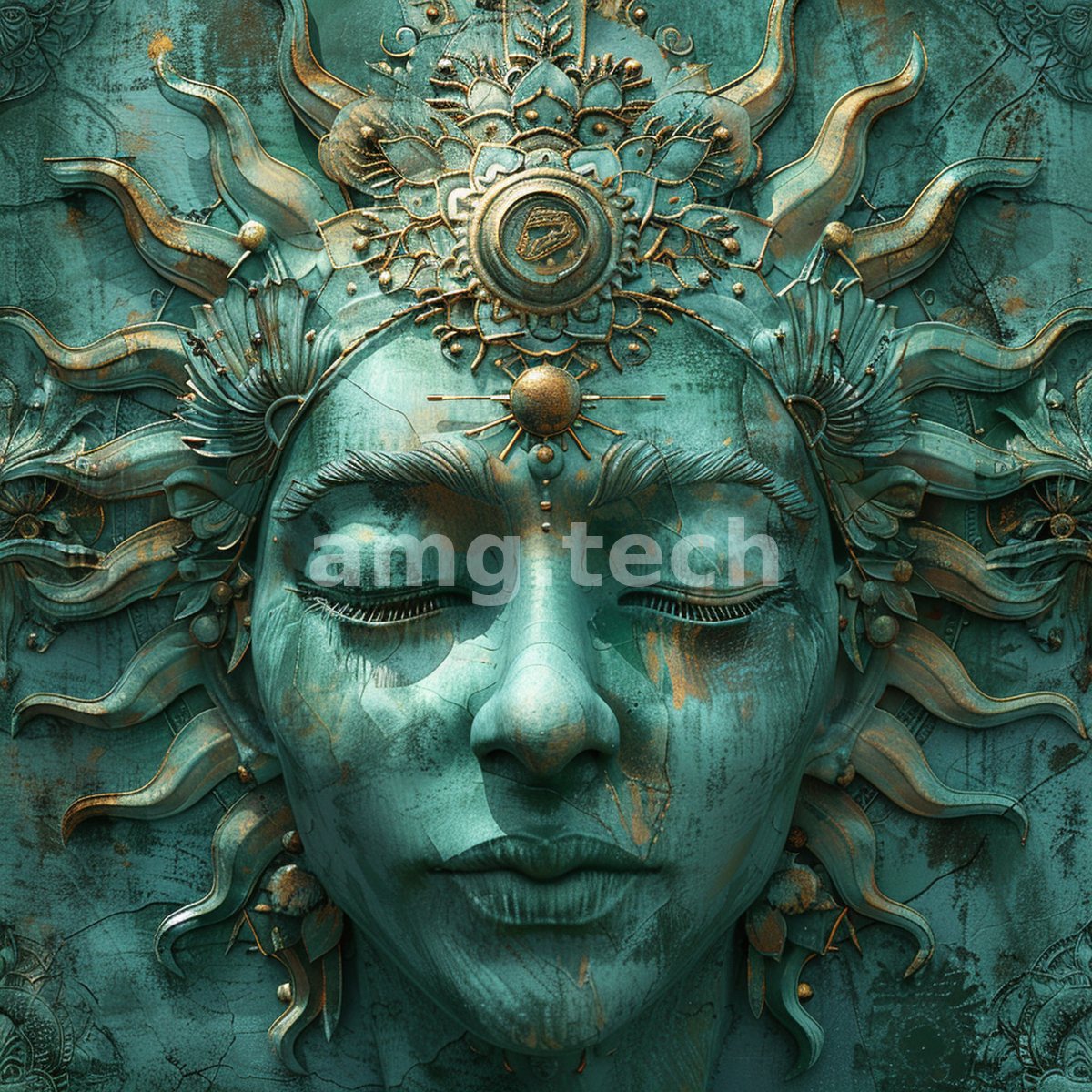 A serene face rests amid a radiant crown of patinated bronze, closed eyes and gilded ornament evoking a weathered relic of some forgotten temple.