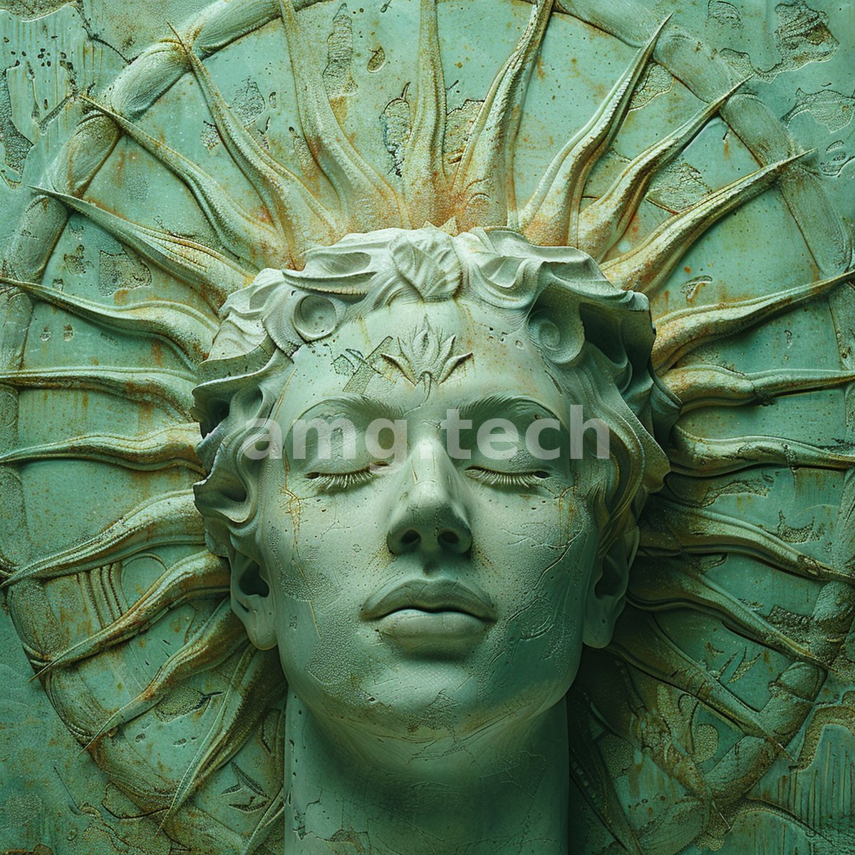 Carved in low relief and softened by verdigris and rust, a tranquil visage crowned with radiating rays gazes inward in eternal repose.