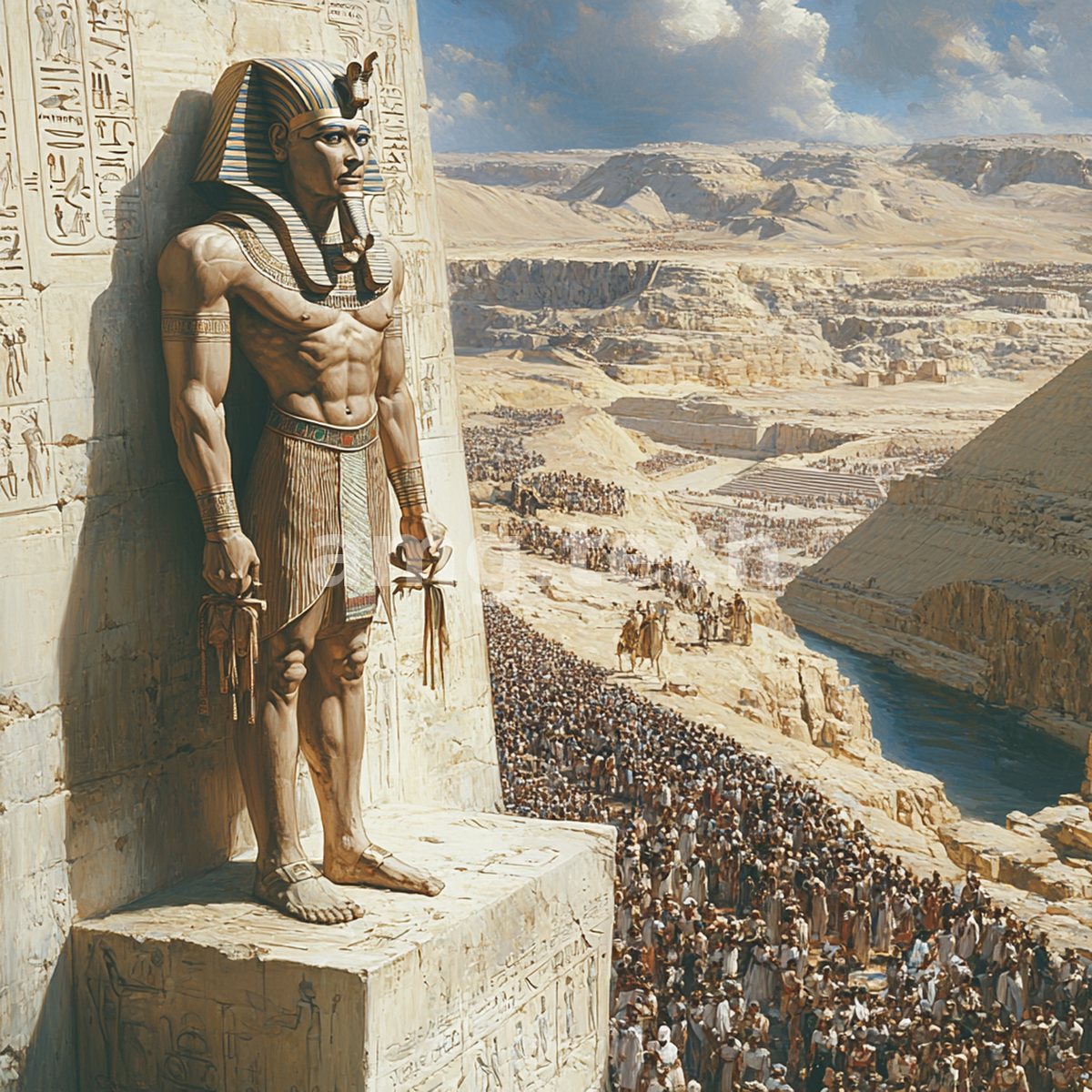 A towering pharaoh stands sentinel above a sunlit river valley, multitudes gathering below among the cliffs and rising monuments of ancient Egypt.