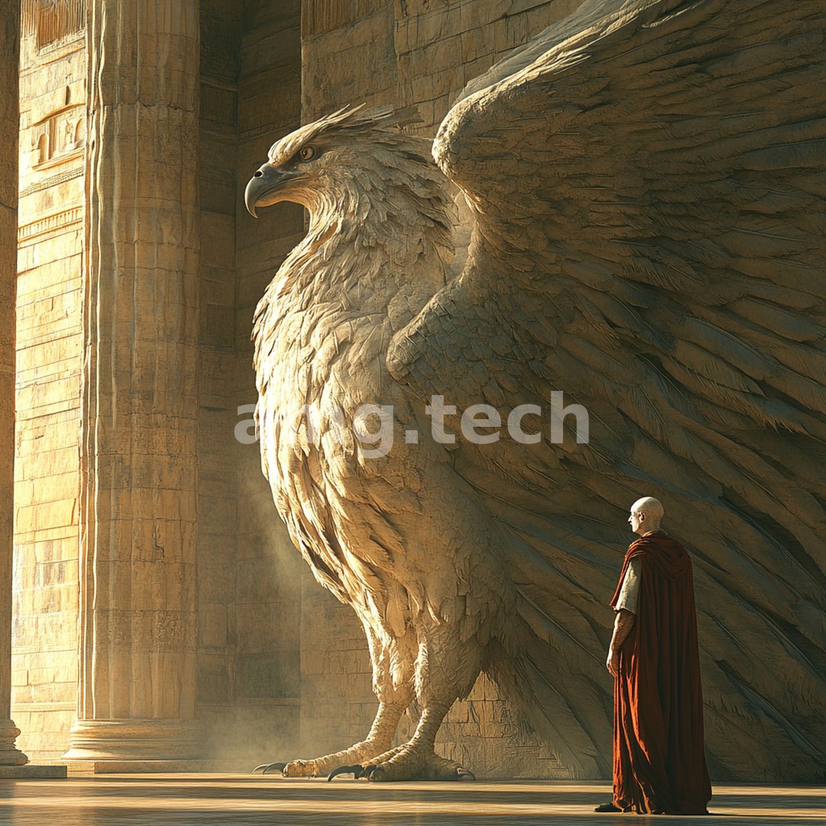Within a vast columned hall, a robed monk stands dwarfed before a colossal stone eagle bathed in shafts of golden light.