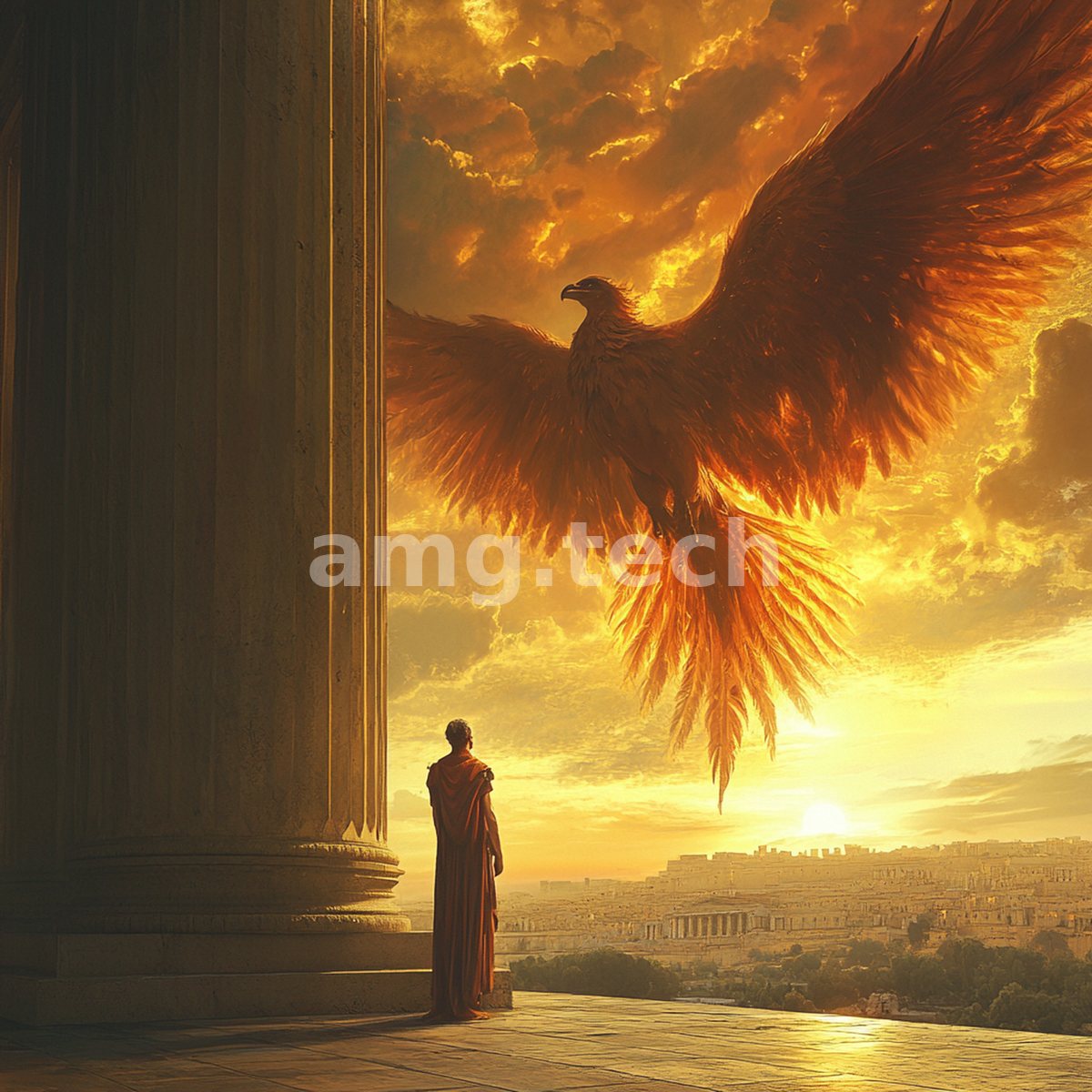 Against a blazing sunset sky, a fiery winged phoenix ascends above an ancient city as a lone robed figure looks on.
