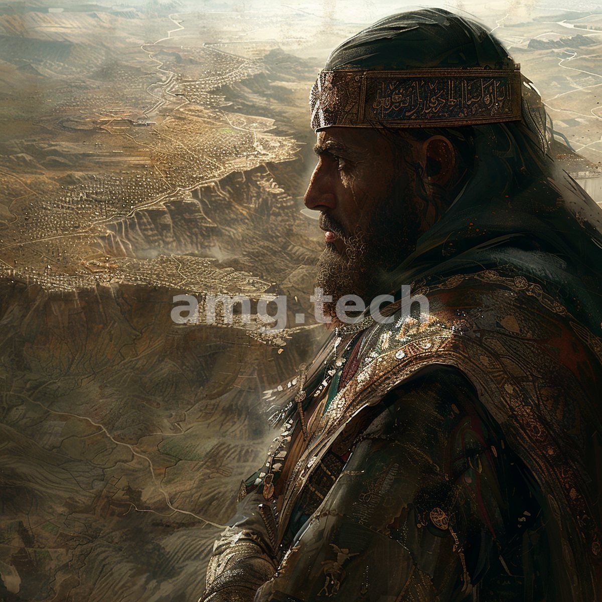 A bearded chieftain in ornamented robes and inscribed headband surveys a sprawling terrain of hills, camps, and distant caravans below.