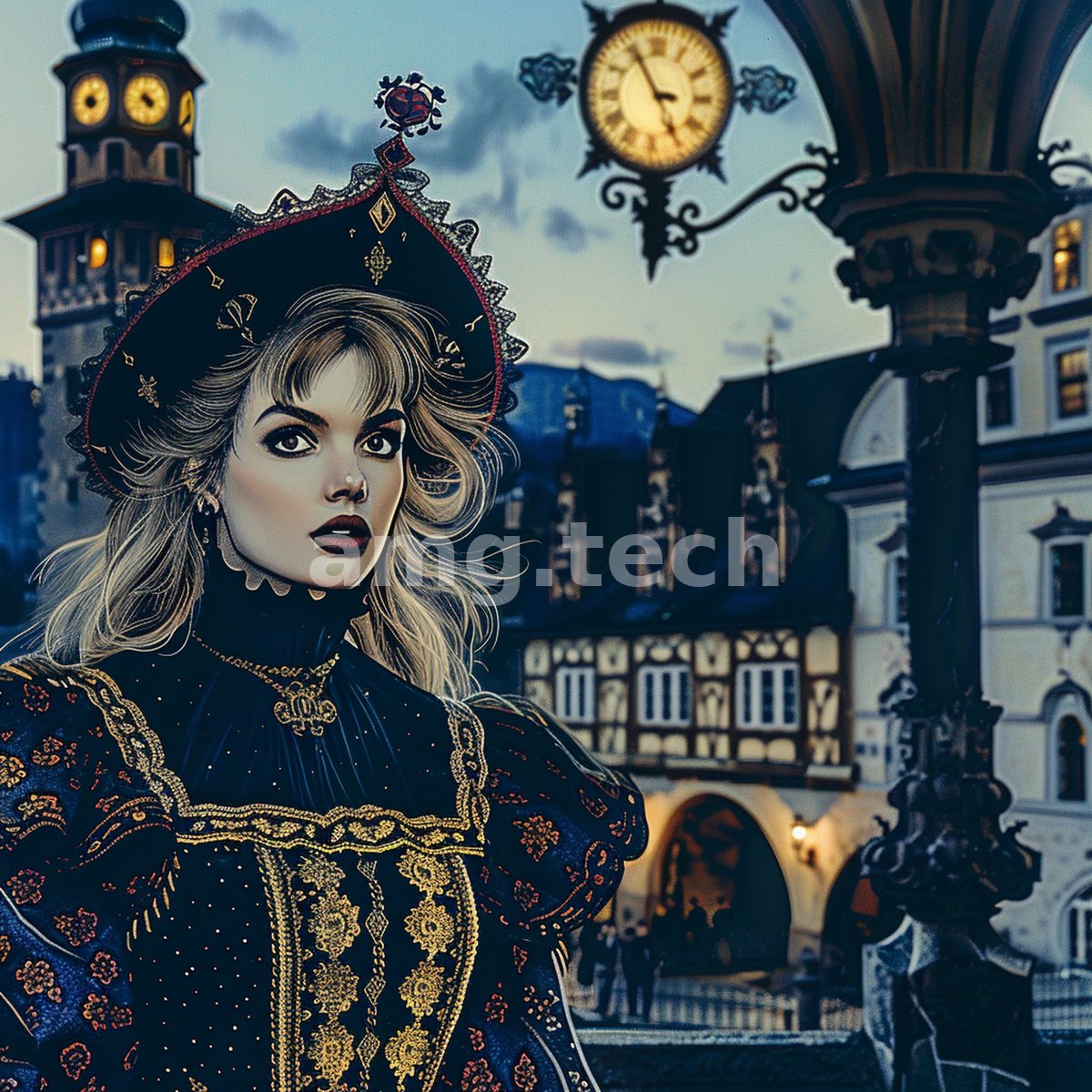 A poised noblewoman in embroidered velvet stands before a dusk-lit town square, its clocktower and half-timbered facades glowing in comic-book detail.