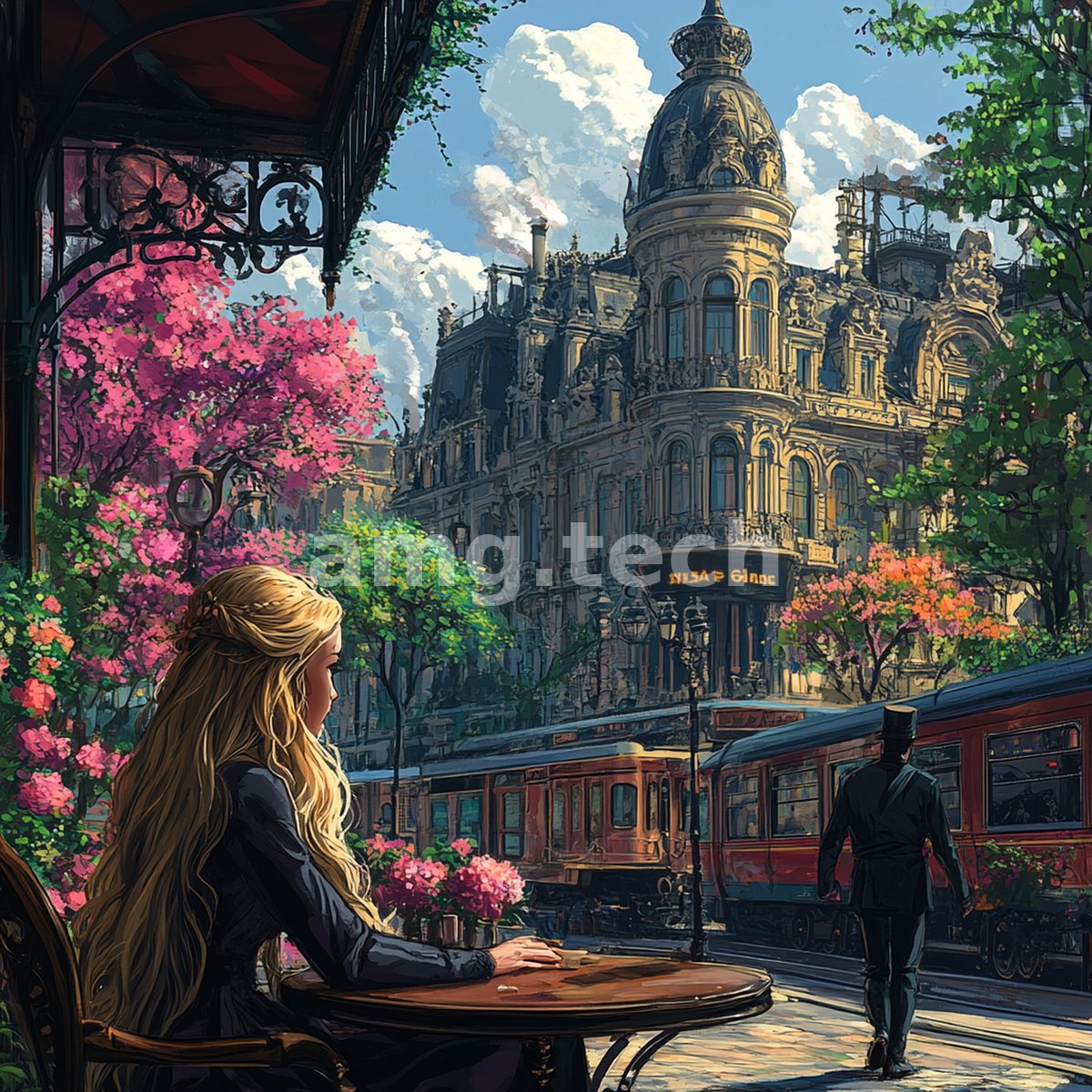 From a blossom-framed cafe terrace, a fair-haired woman watches red trams and a passing officer beneath an ornate belle-epoque facade.