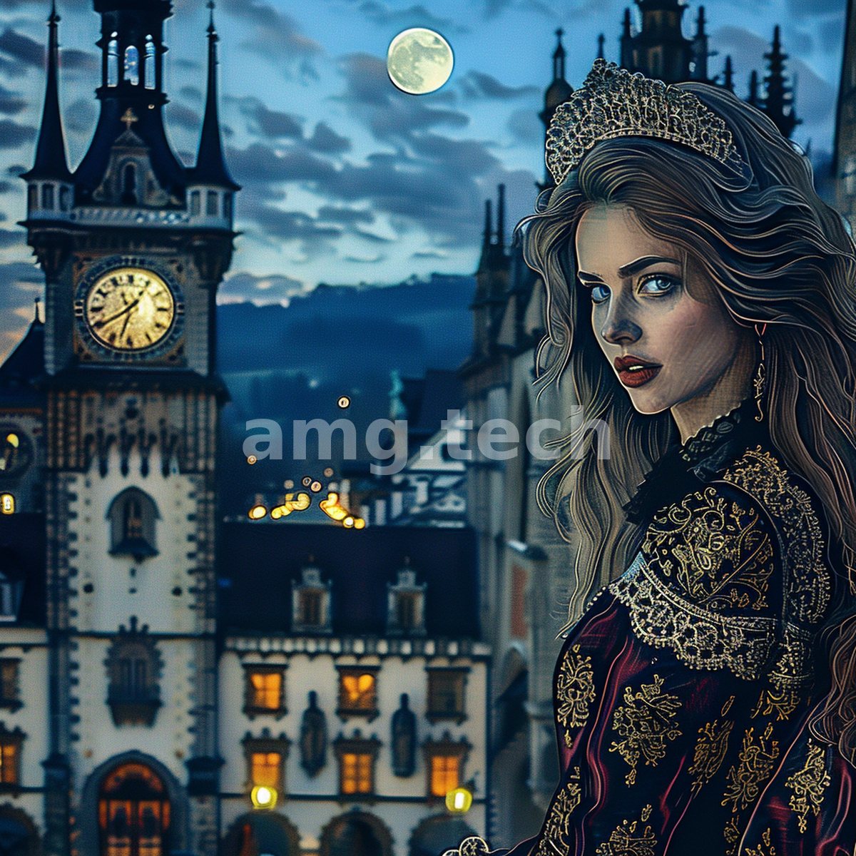Beneath a full moon, a crowned lady in gilded lace turns amid the spires and glowing clockface of a Gothic old town.