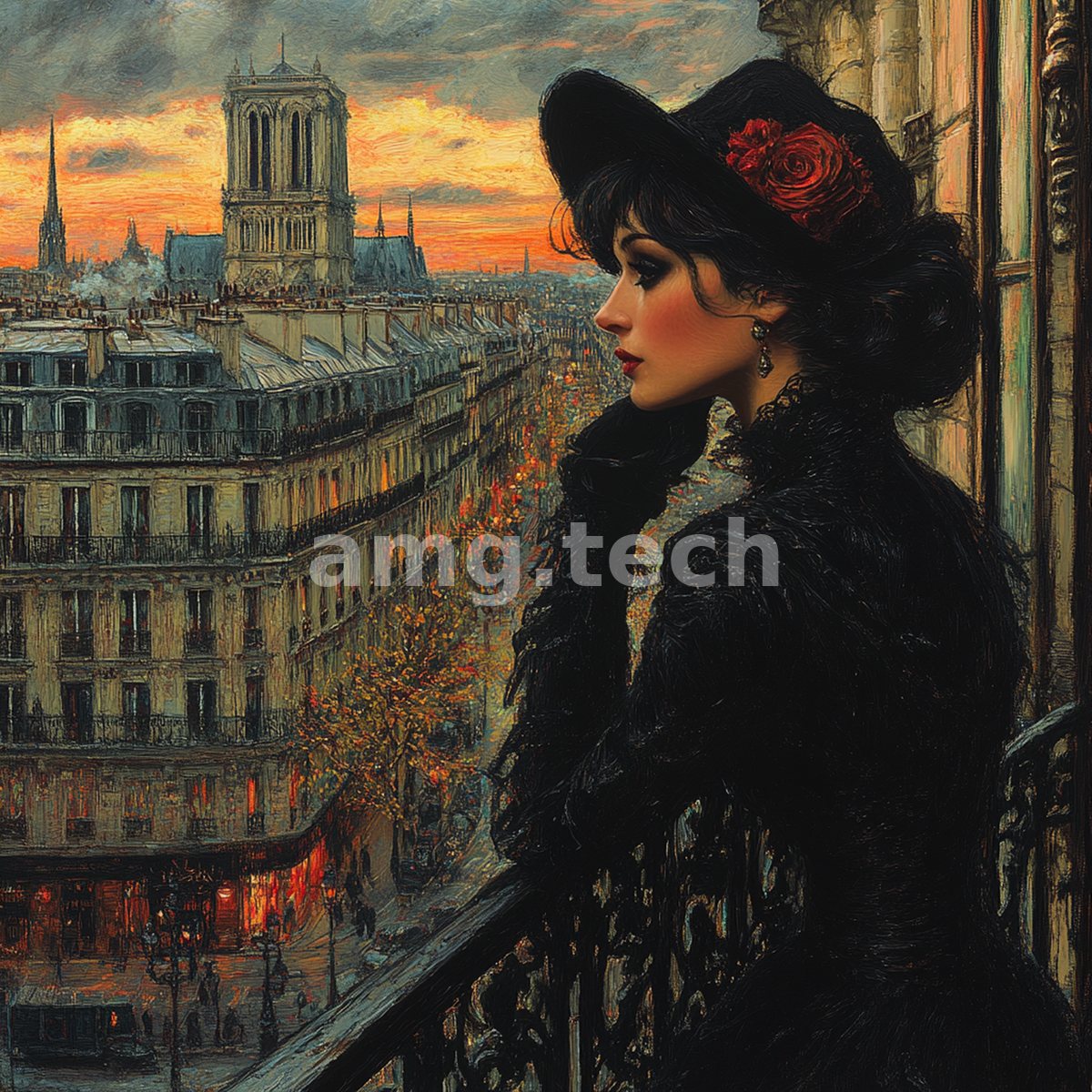 From a wrought-iron balcony a lady in black surveys the boulevards at dusk, the cathedral silhouetted against a smouldering painterly sky.